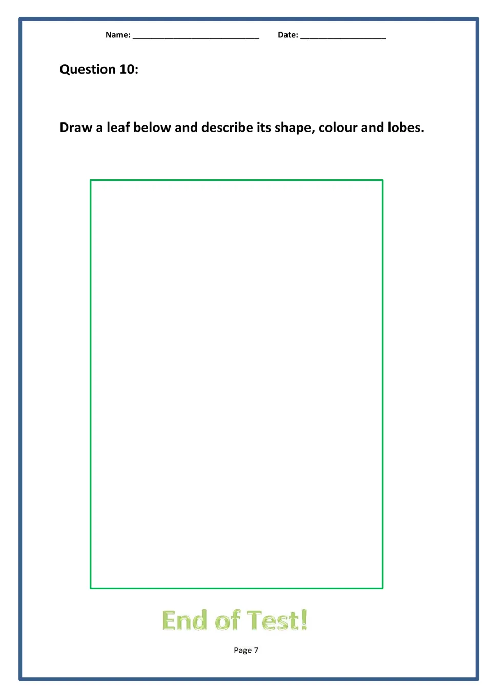 Leaf drawing task: students draw a leaf and describe its shape, colour and lobes; the page closes with End of Test!