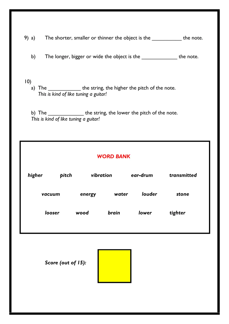 Sound quiz part 2: students complete pitch sentences on object size and string tightness using a 15-word bank