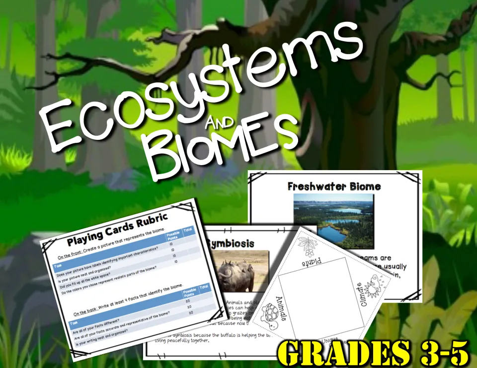 Ecosystems and Biomes cover for grades 3–5, showing samples of a biome reading, rubric, and activity
