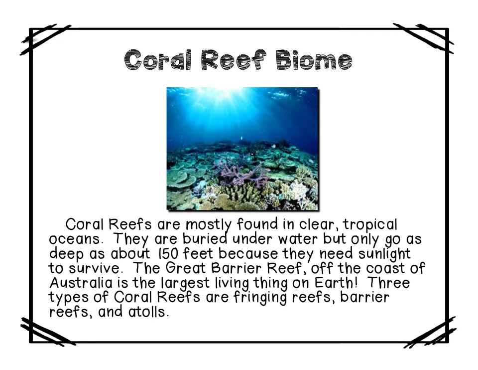 Coral reef biome reading covers tropical waters, sunlight, the Great Barrier Reef, and three reef types