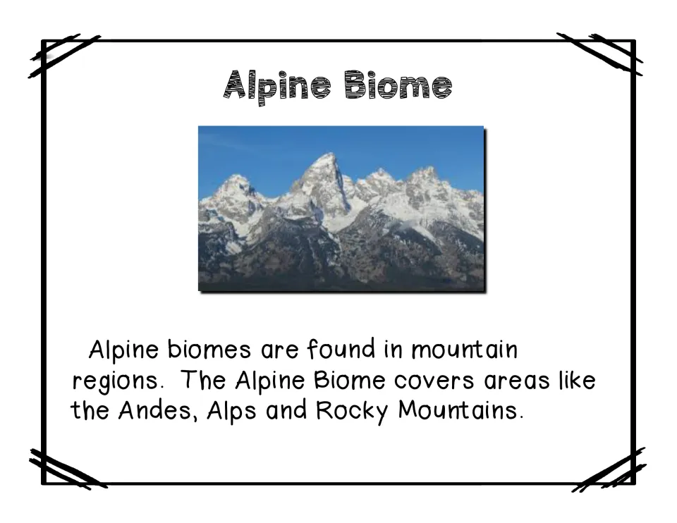 Alpine biome reading identifies mountain habitats and names the Andes, Alps, and Rocky Mountains