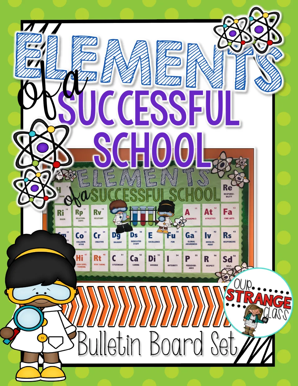 Bulletin board kit cover showing the title 'Elements of a Successful School' and an assembled display
