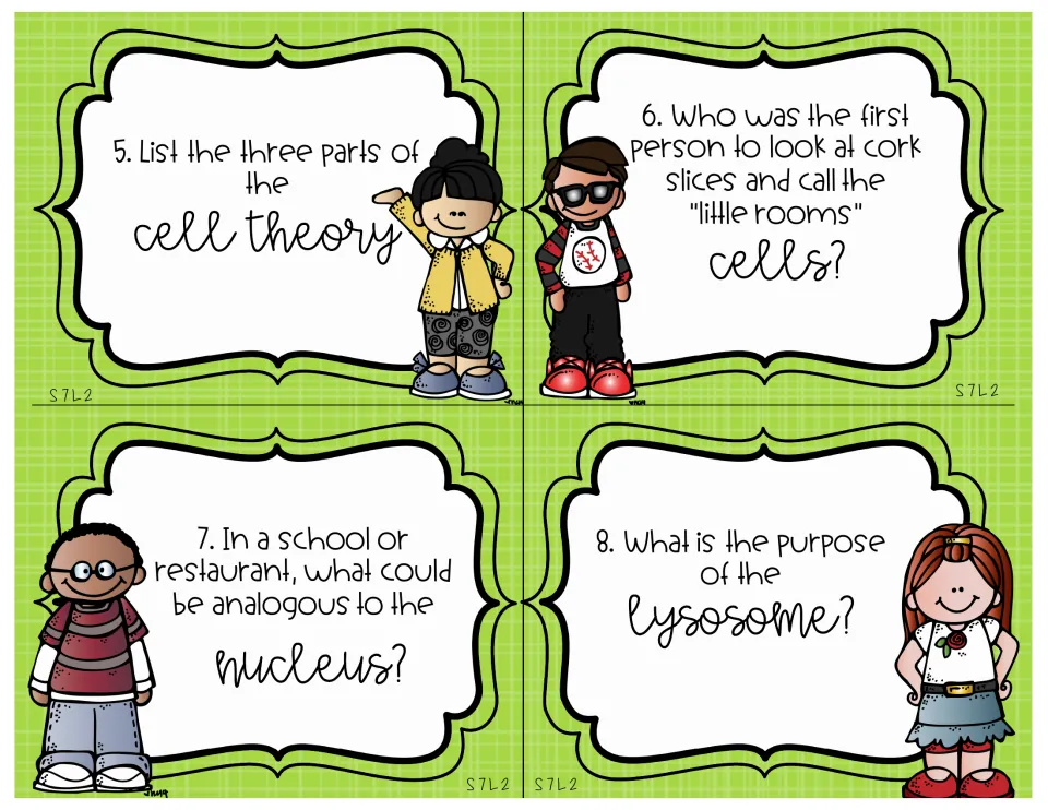Science review cards 5–8 cover cell theory, Robert Hooke's discovery, a nucleus analogy, and lysosomes.