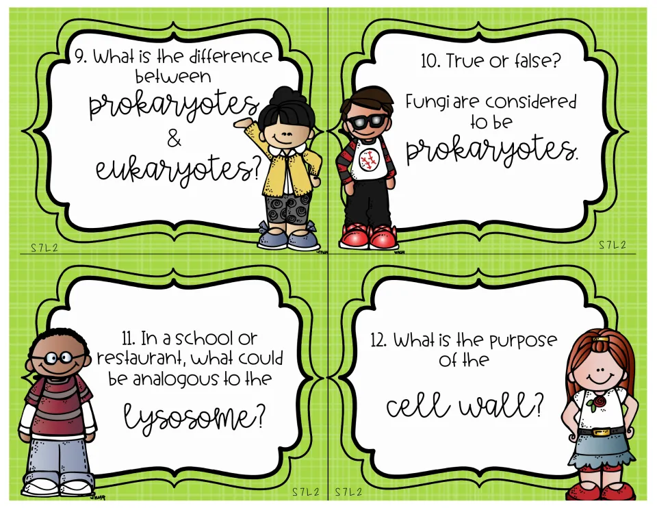 Science review cards 9–12 compare prokaryotes and eukaryotes and ask about fungi, lysosomes, and cell walls.