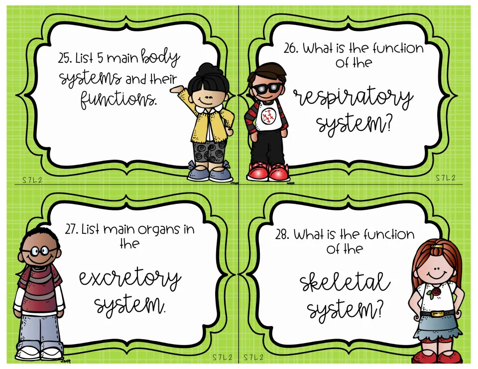 Science review cards 25–28 ask about body systems, respiratory and skeletal functions, and excretory organs.