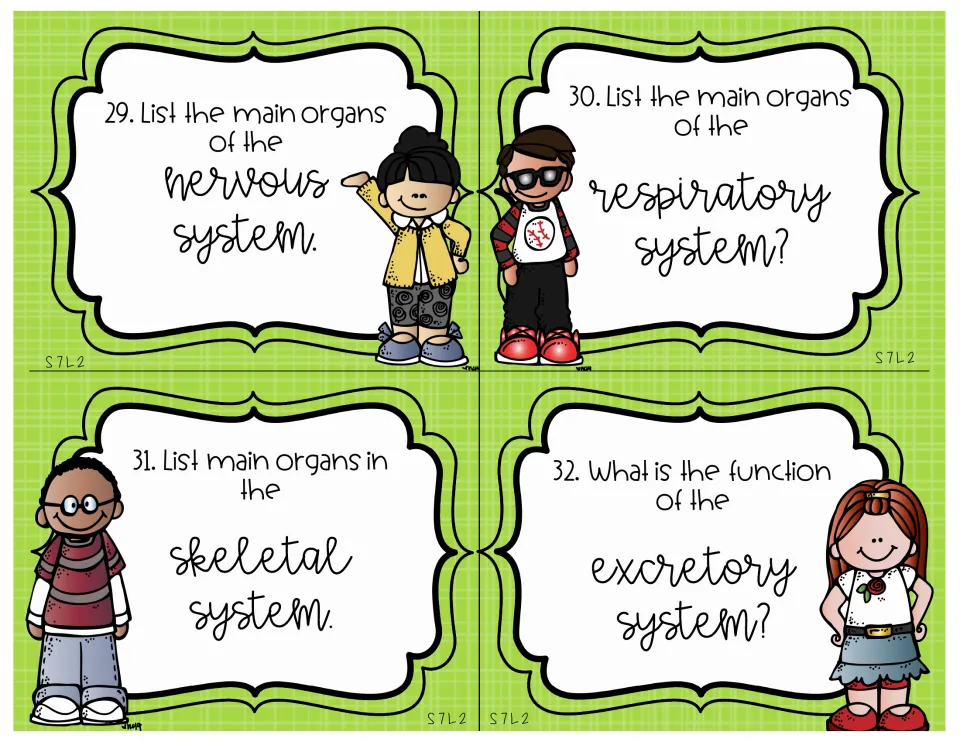 Science review cards 29–32 ask for nervous, respiratory, and skeletal organs and the excretory function.