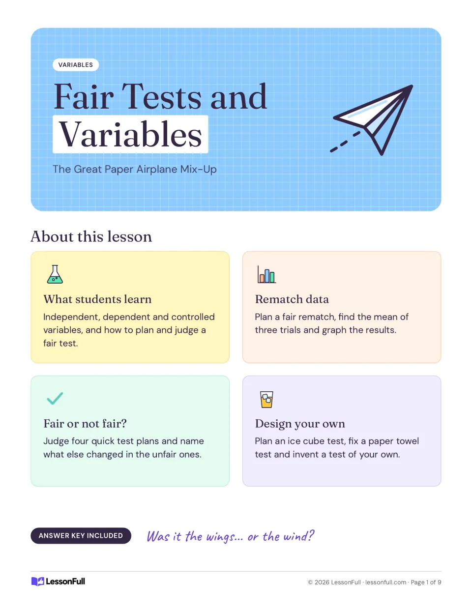 Fair Tests and Variables cover, The Great Paper Airplane Mix-Up, with a lesson overview of the four activities and a key note