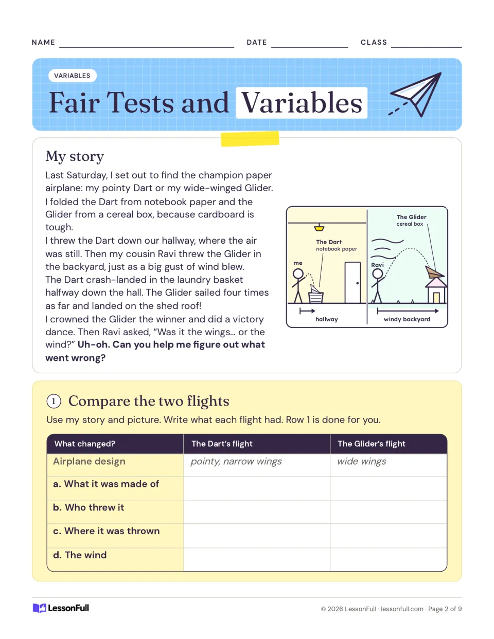 Paper airplane story about the Dart and the Glider; students compare what changed in the two flights in a table