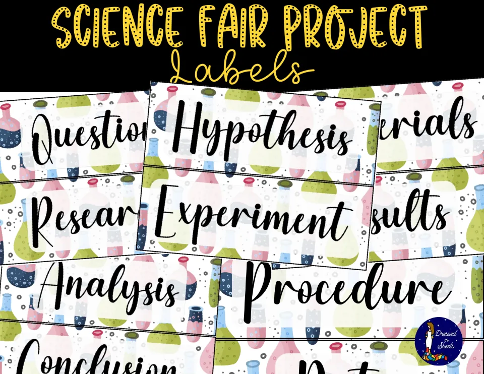 Science fair project labels cover showing display headers such as Hypothesis, Experiment, Procedure, Analysis and Conclusion