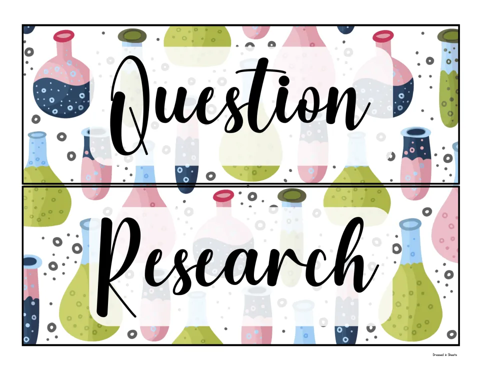 Question and Research labels: two large script headers on lab-flask artwork for the first steps of a science fair board