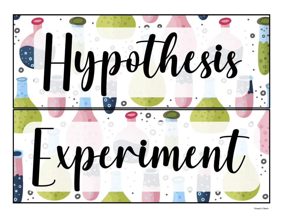 Hypothesis and Experiment labels: two cut-apart script headers on flask artwork to title sections of a science fair board
