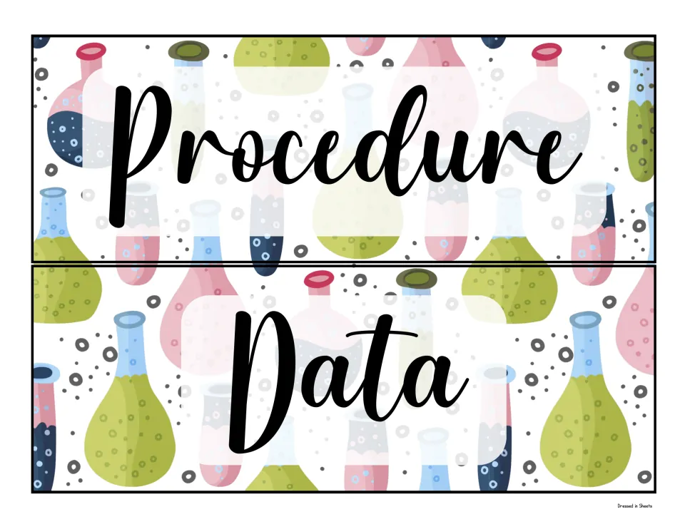 Procedure and Data labels in black script over lab-flask artwork, printed to mark the method and data areas of a display
