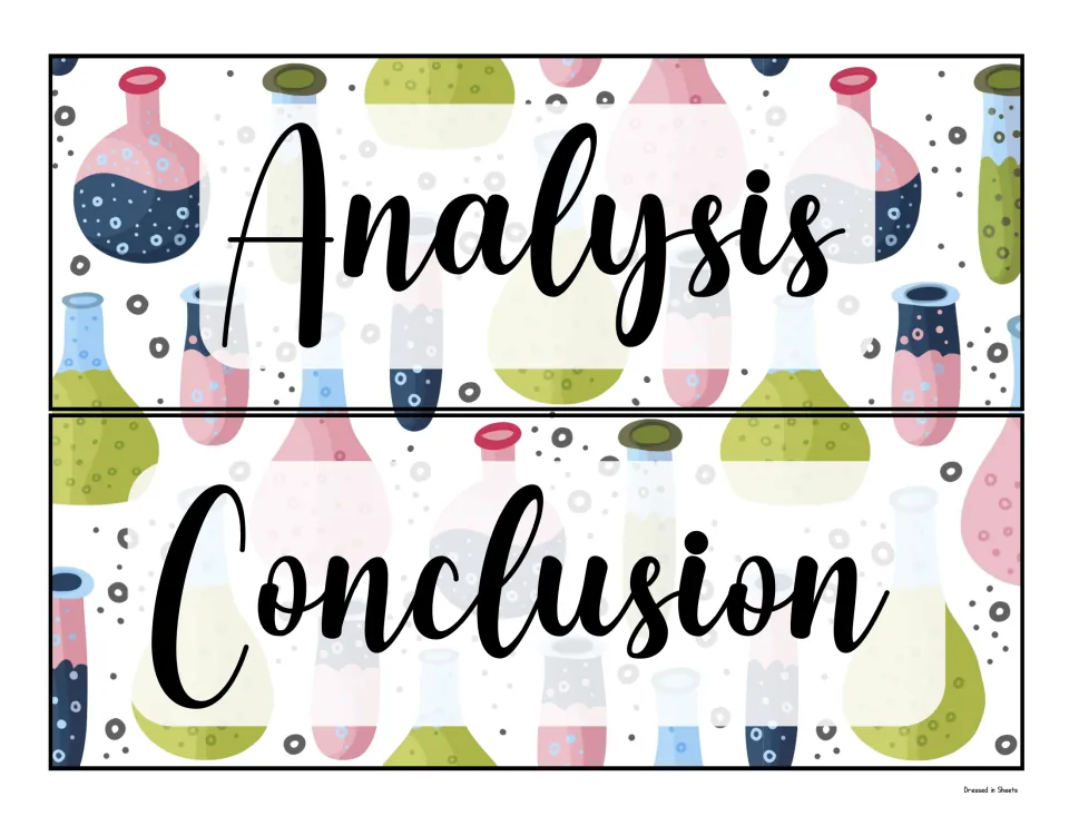 Analysis and Conclusion labels: two script headers on flask artwork for the final sections of a science fair display board