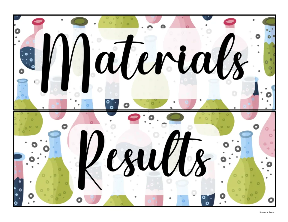 Materials and Results labels in cursive over colorful beaker artwork, for listing supplies and showing findings on a board