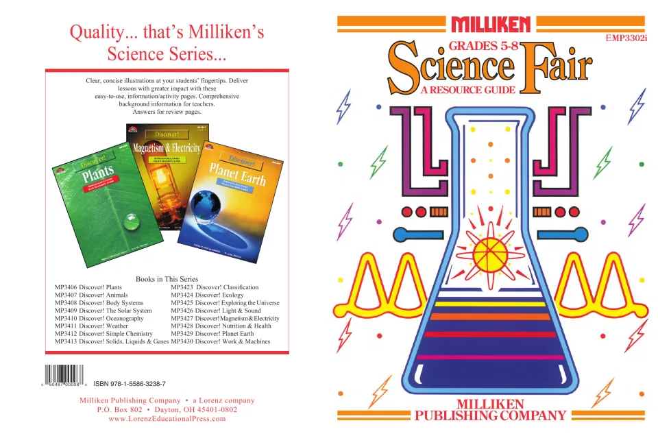 Science Fair resource guide for grades 5-8 by Milliken: front cover with a flask, back cover listing the Discover! series