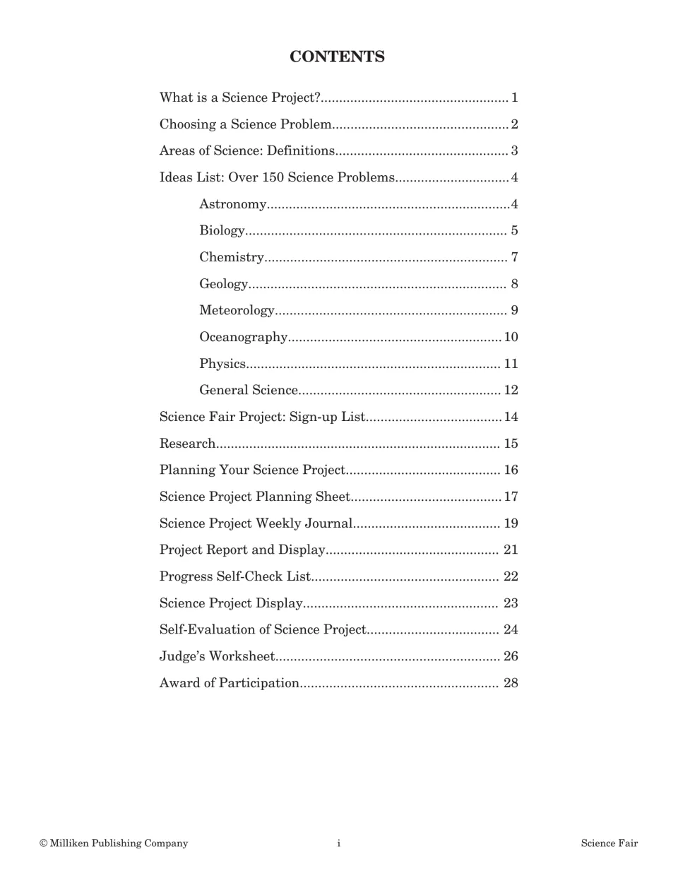 Contents listing the guide's handouts, from What Is a Science Project? and an ideas list by area to a judge's worksheet