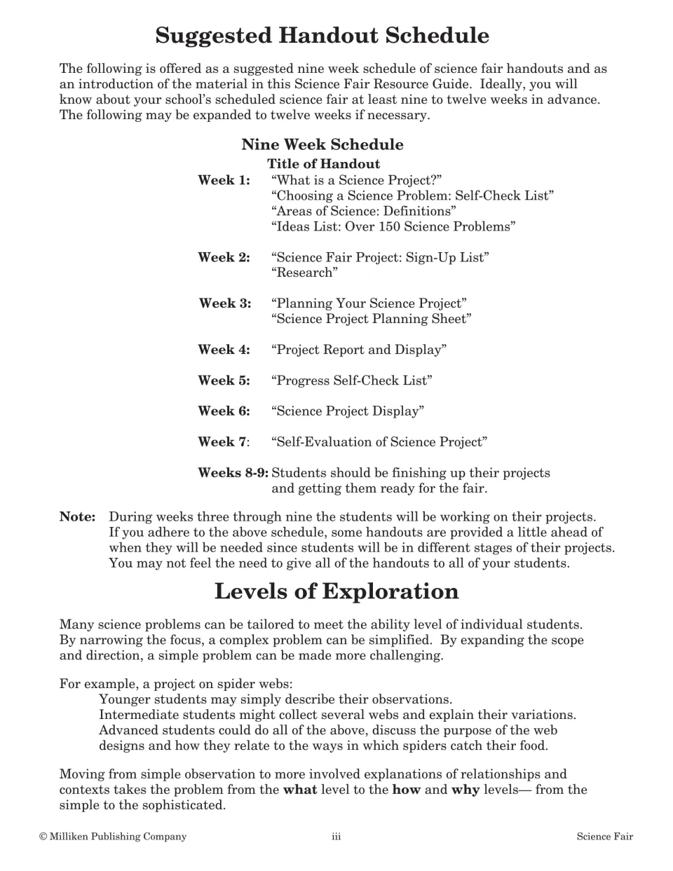 Suggested nine-week handout schedule by week, then Levels of Exploration showing how a spider web project can scale up