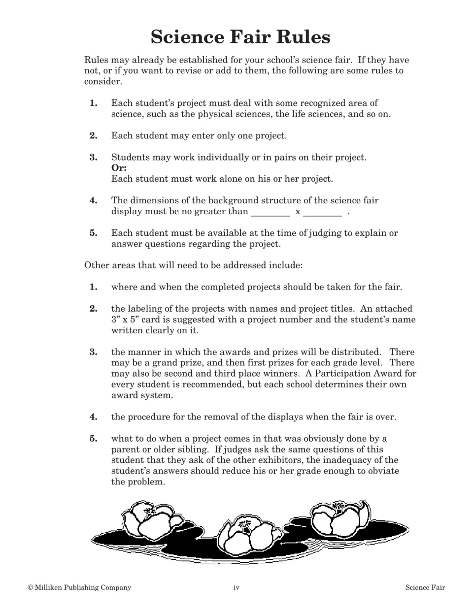 Fair rules for teachers to adopt, such as one project per student and a display size blank, plus labeling and awards issues