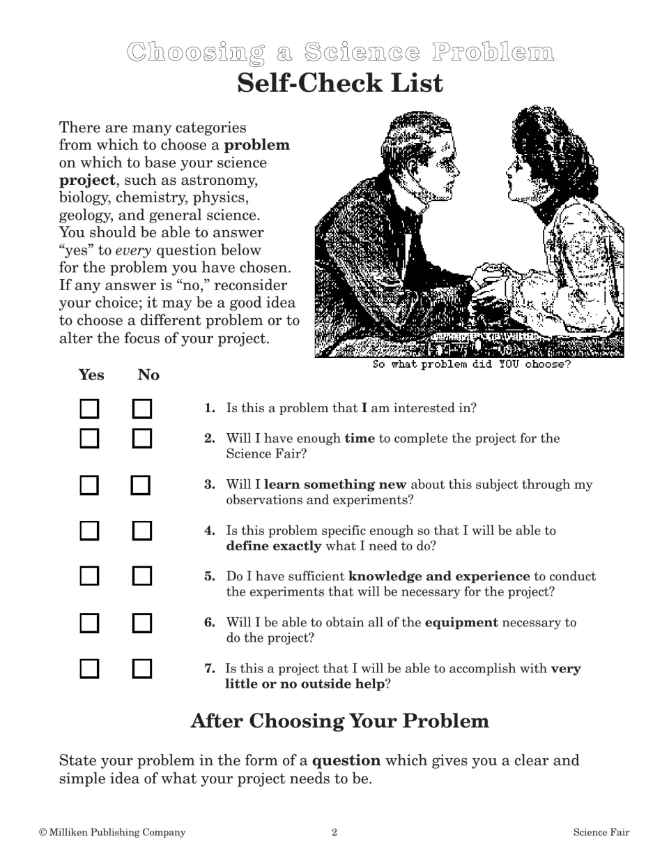 Choosing a problem self-check: students mark yes or no on 7 questions about interest, time, equipment and outside help