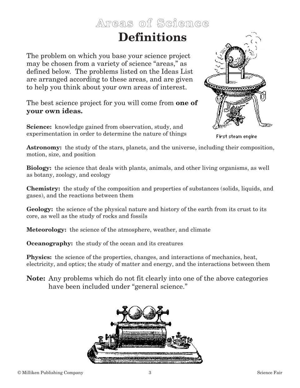 Reference definitions of science areas: astronomy, biology, chemistry, geology, meteorology, oceanography and physics