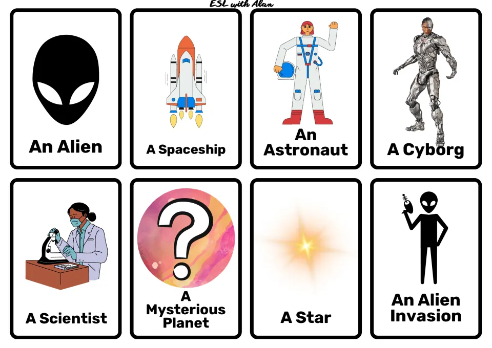 Sci-fi story cards: eight cards for an alien, spaceship, astronaut, cyborg, scientist, mystery planet, star, invasion