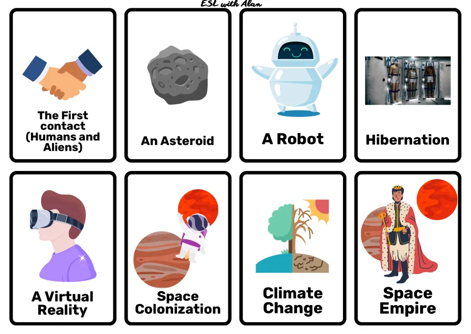 Story cards: first contact, asteroid, robot, hibernation, virtual reality, space colonization, climate change, empire