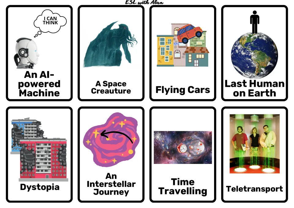 Future-world cards: AI machine, space creature, flying cars, last human on Earth, dystopia, time travelling, teleport