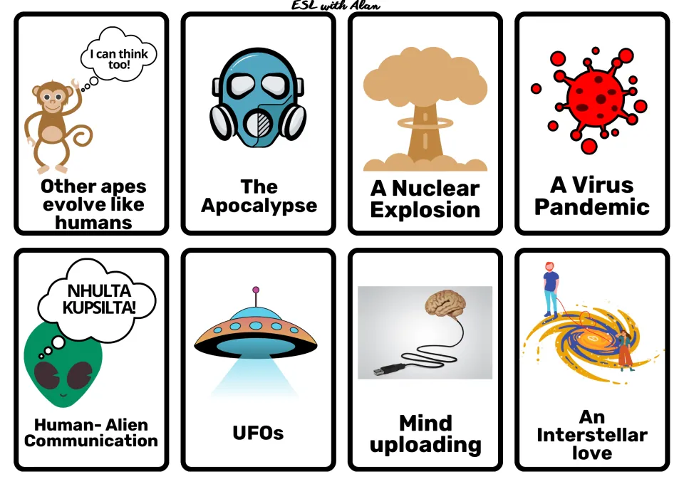Disaster and contact cards: apes evolving, apocalypse, nuclear explosion, virus pandemic, alien talk, UFOs, mind uploading