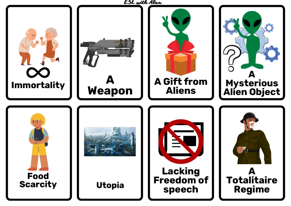 Future society cards: immortality, a weapon, alien gift, alien object, food scarcity, utopia, no free speech, a regime