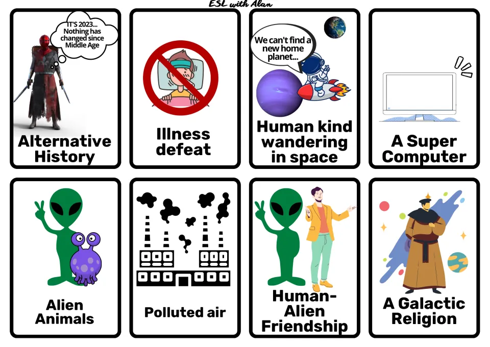 Picture cards: alternative history, wandering in space, supercomputer, alien animals, polluted air, galactic religion