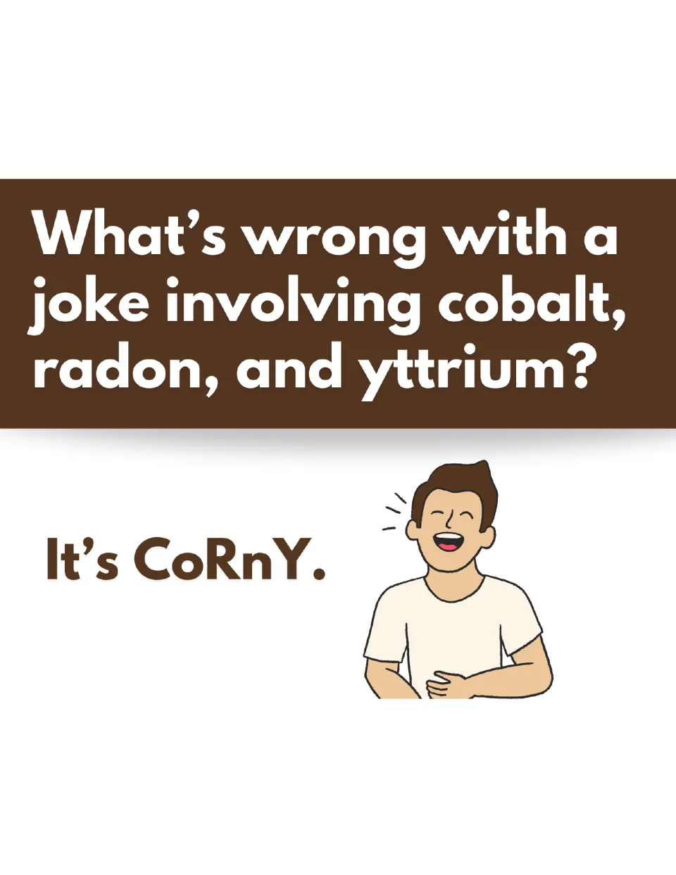 Element symbols joke: cobalt, radon and yttrium spell "CoRnY" as the punchline, shown with a laughing cartoon man
