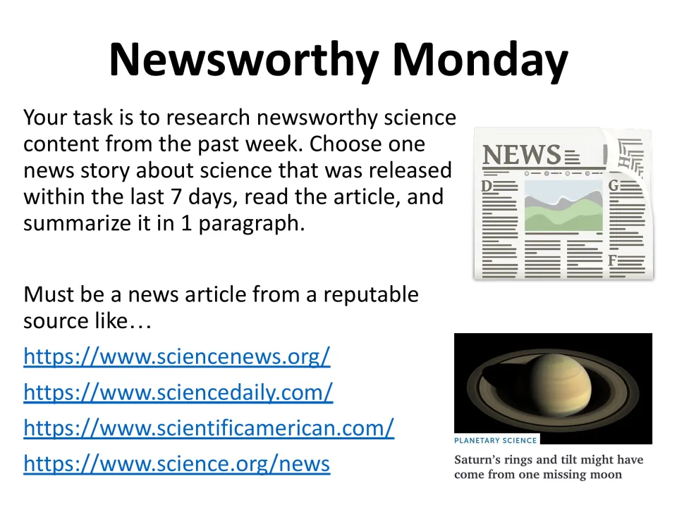 Week 1 Monday starter: research a science news article from the past seven days and summarize it in one paragraph