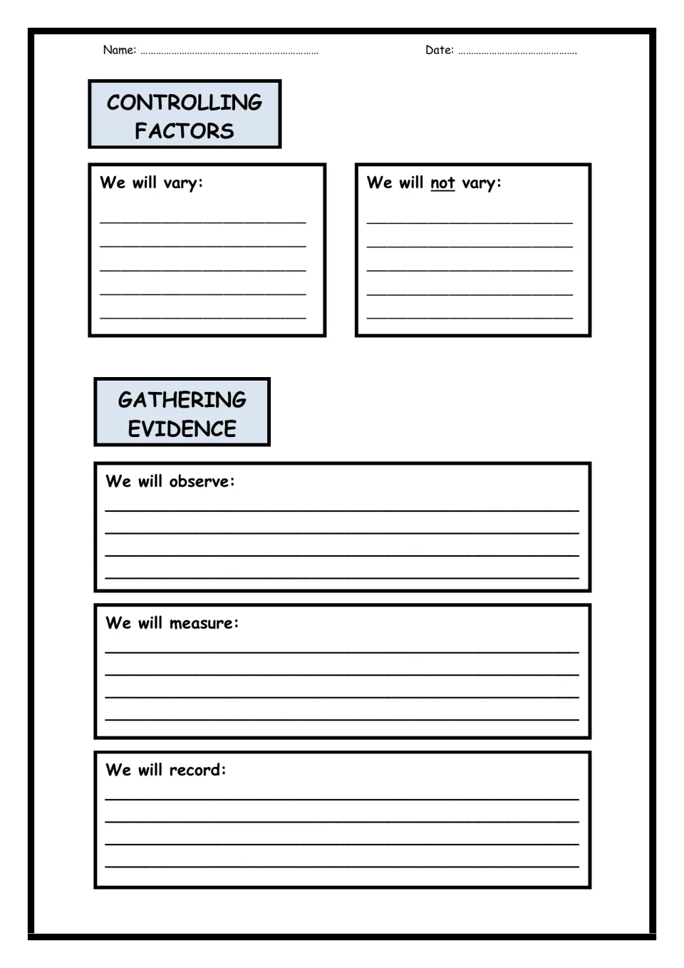 Fair-test planning: students list factors they will and will not vary, then what they will observe, measure and record