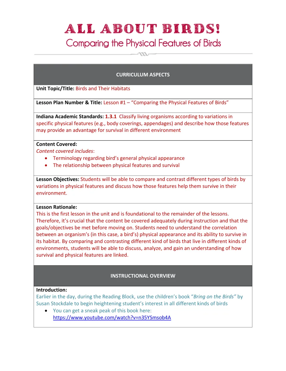 Lesson overview: objectives for comparing birds' physical features, links to survival, and a book introduction