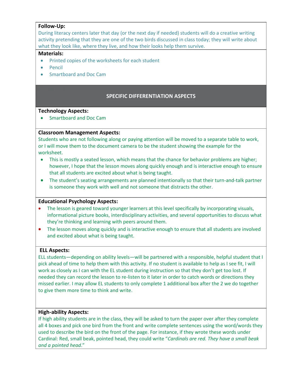 Lesson guidance includes a creative writing follow-up, materials, classroom management, and ELL supports