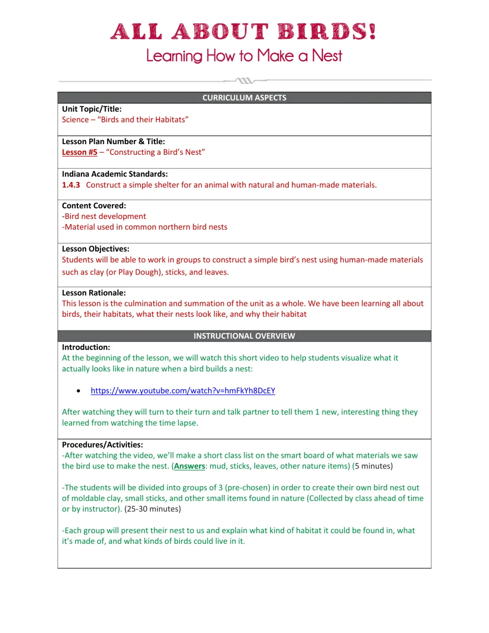 Lesson 5 teaching plan: nest-building objectives, a video introduction, and small-group construction.