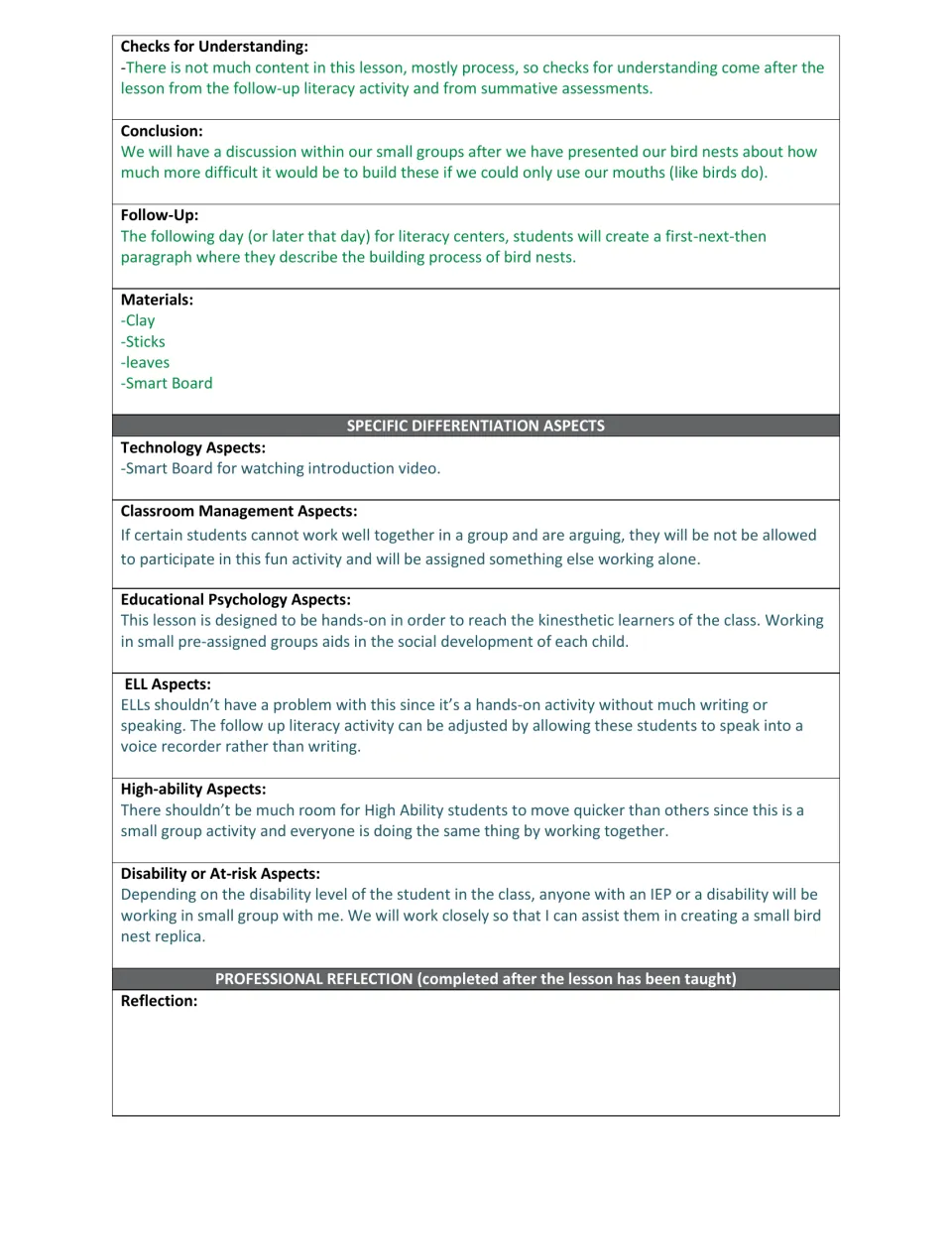 Nest-building lesson continuation: follow-up writing, materials, differentiation, and teacher reflection.