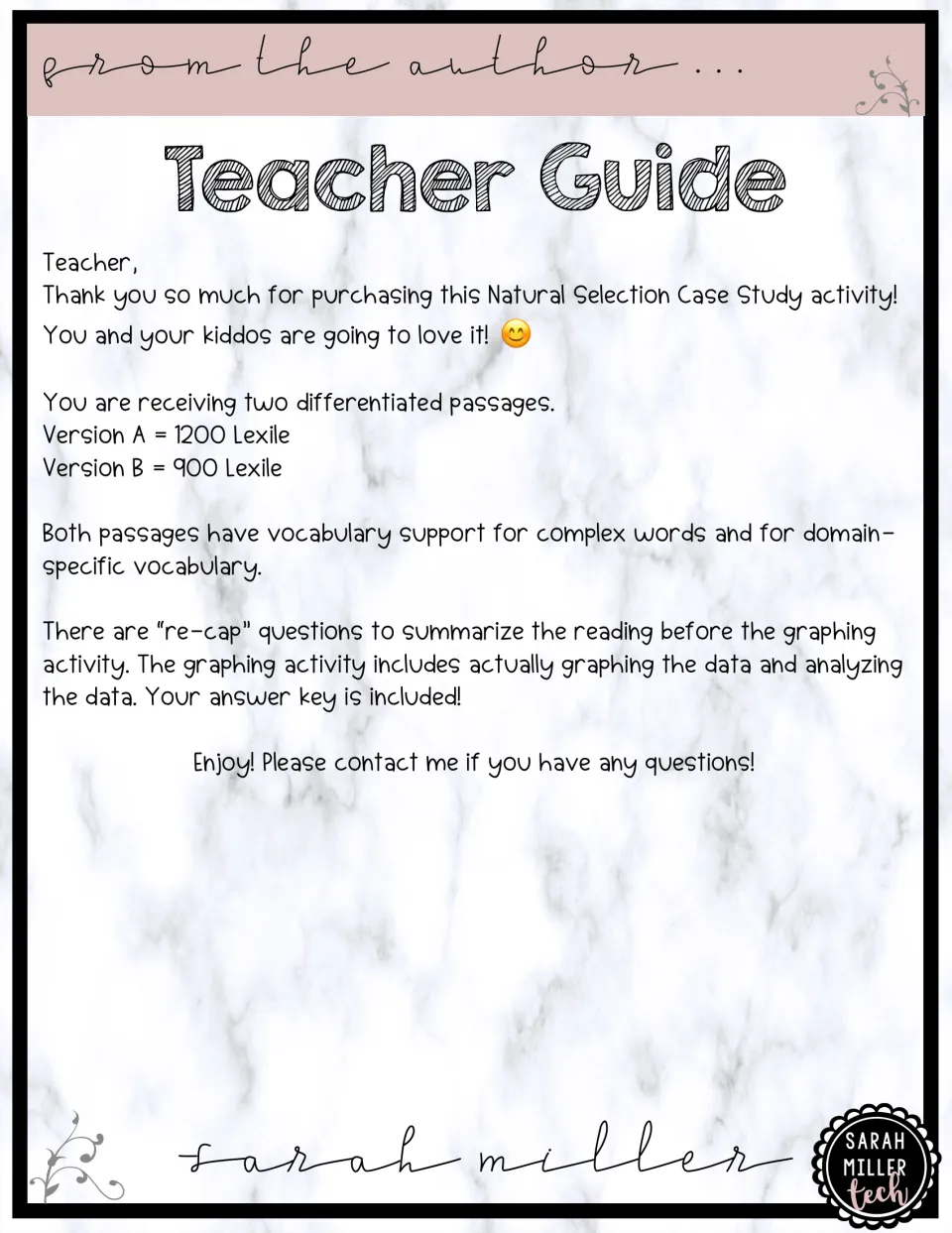 Teacher guide outlining two reading versions at 1200 and 900 Lexile, vocabulary support, and graphing tasks