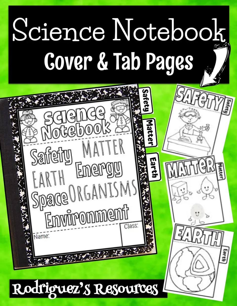 Science notebook cover and tab pages set: a composition book cover option plus Safety, Matter and Earth divider tabs