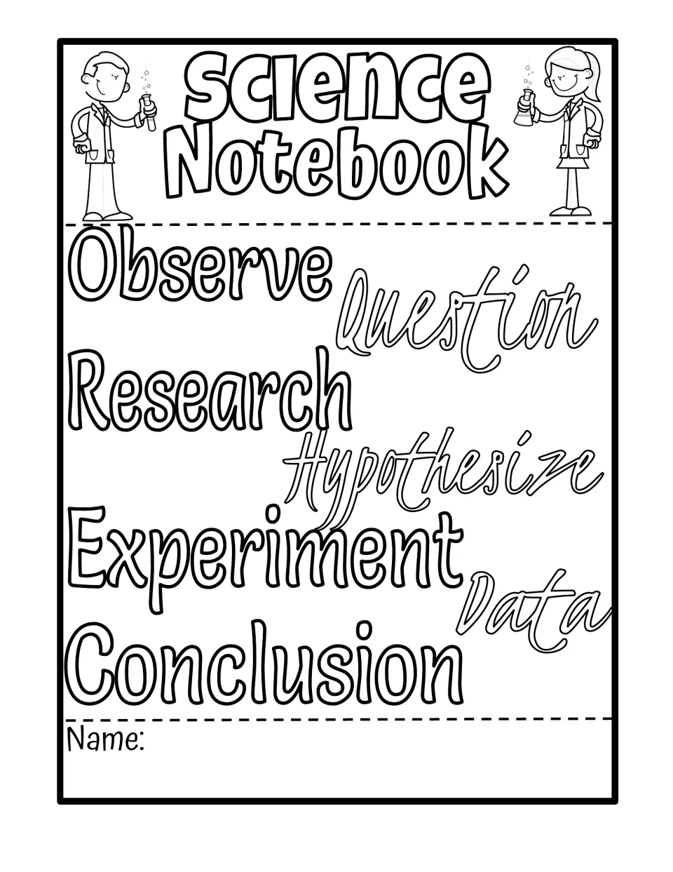 Scientific method cover option: students colour steps Observe, Question, Research, Hypothesise, Experiment, Data, Conclusion