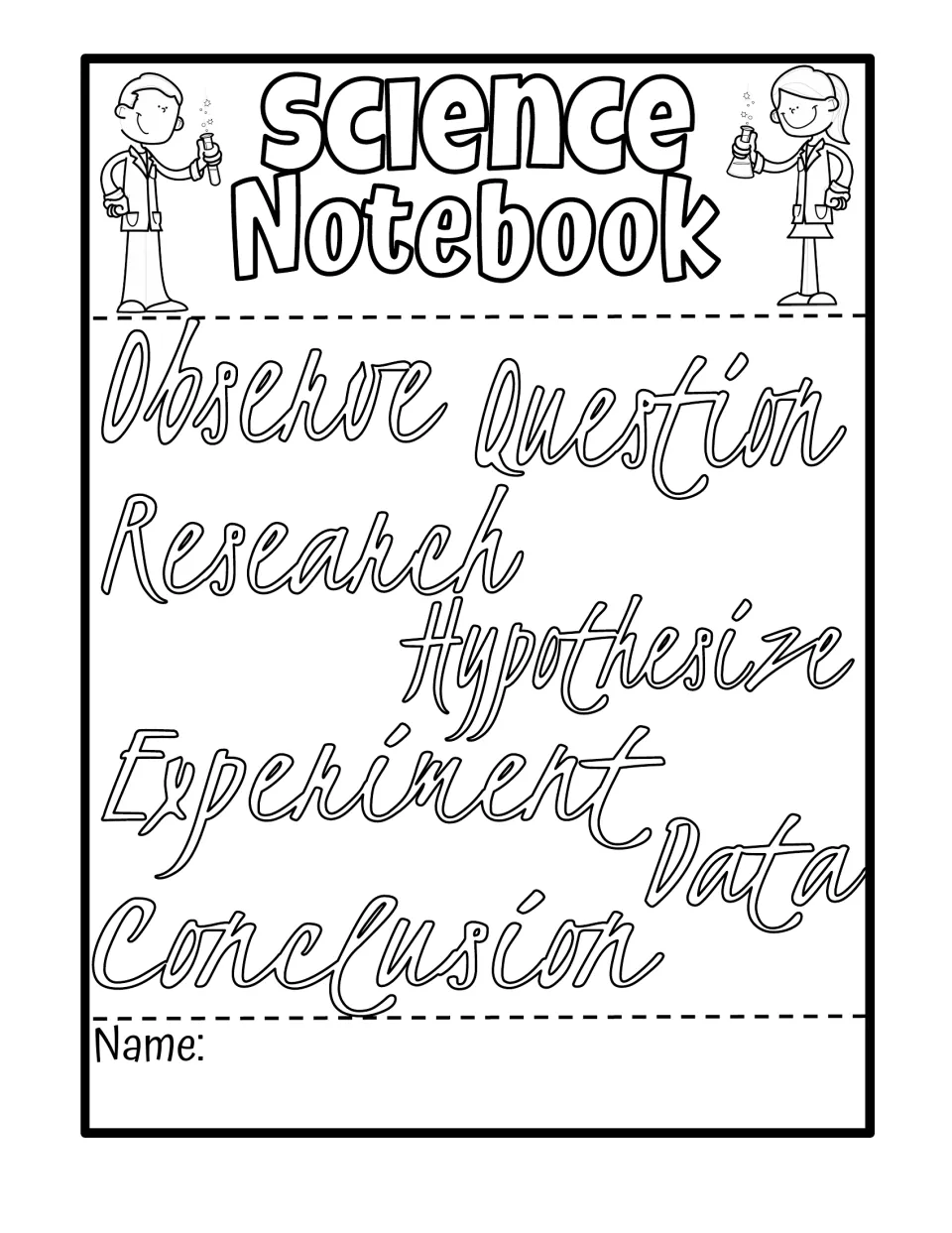 Script-lettered scientific method cover: Observe, Question, Research, Hypothesise, Experiment, Data, Conclusion to colour
