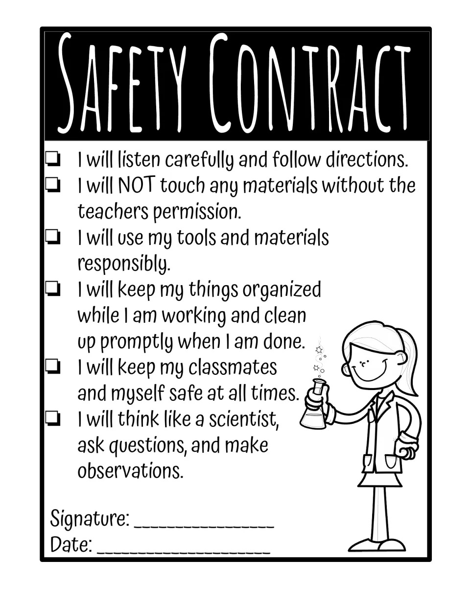 Safety Contract: students check six lab rules, such as following directions and asking permission, then sign and date