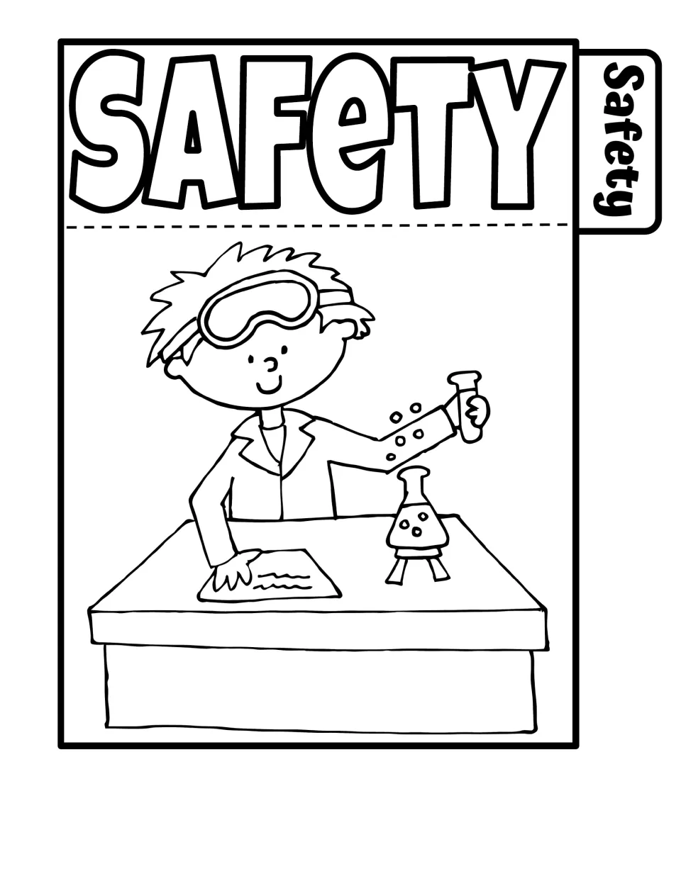 Safety tab divider: colouring page of a student in goggles pouring a test tube into a flask, with a side Safety tab