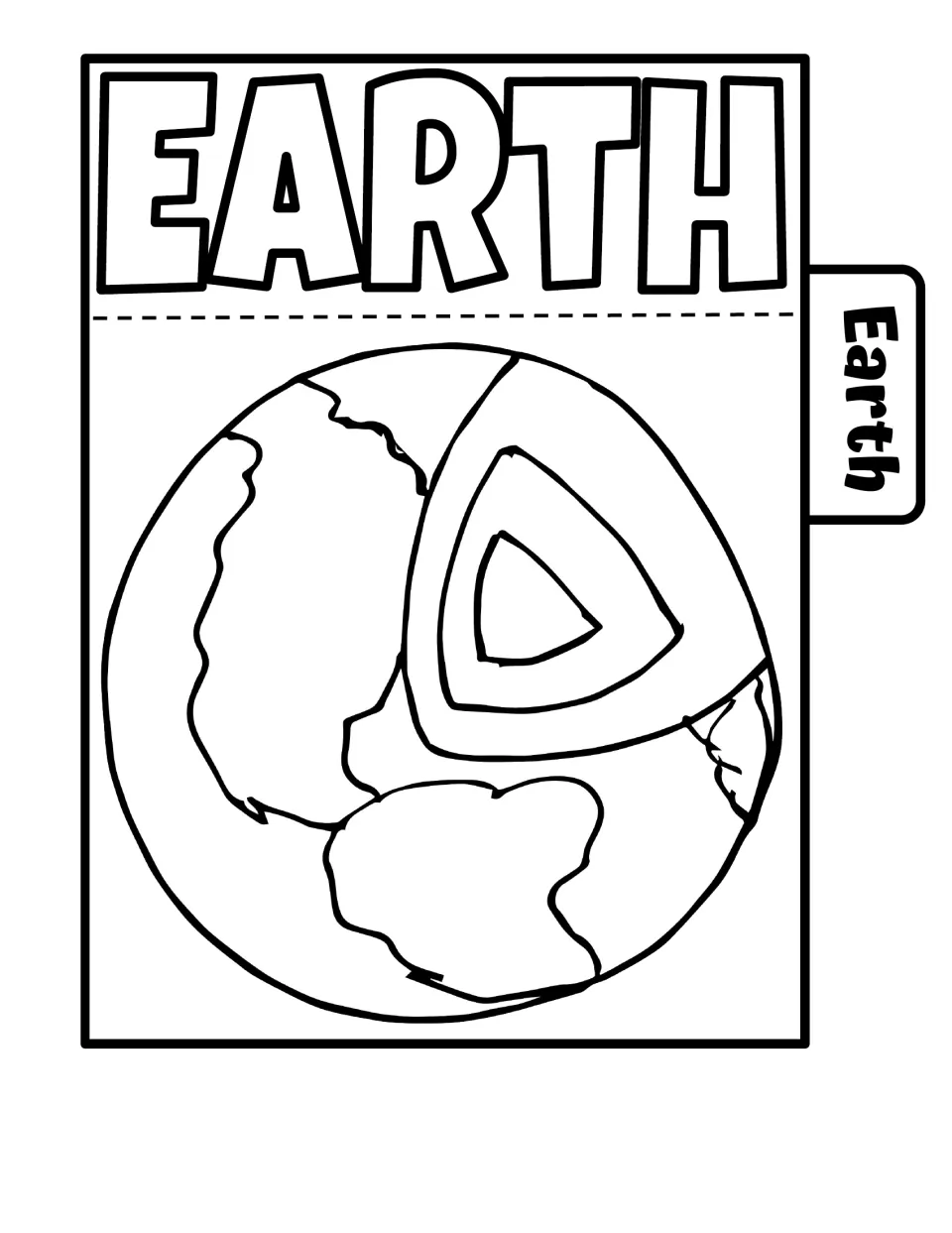 Earth tab divider: colouring page of the globe with a cutaway showing inner layers, labelled with a side Earth tab