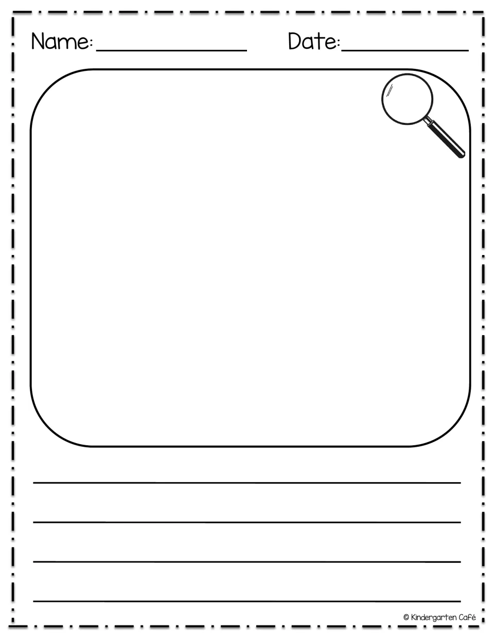 Open observation page: students draw in a large frame and write on four unprompted lines, with name and date