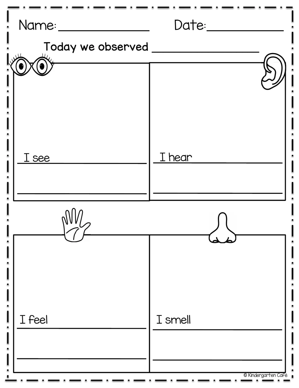 Five senses observation: students name what they observed, then record what they see, hear, feel and smell