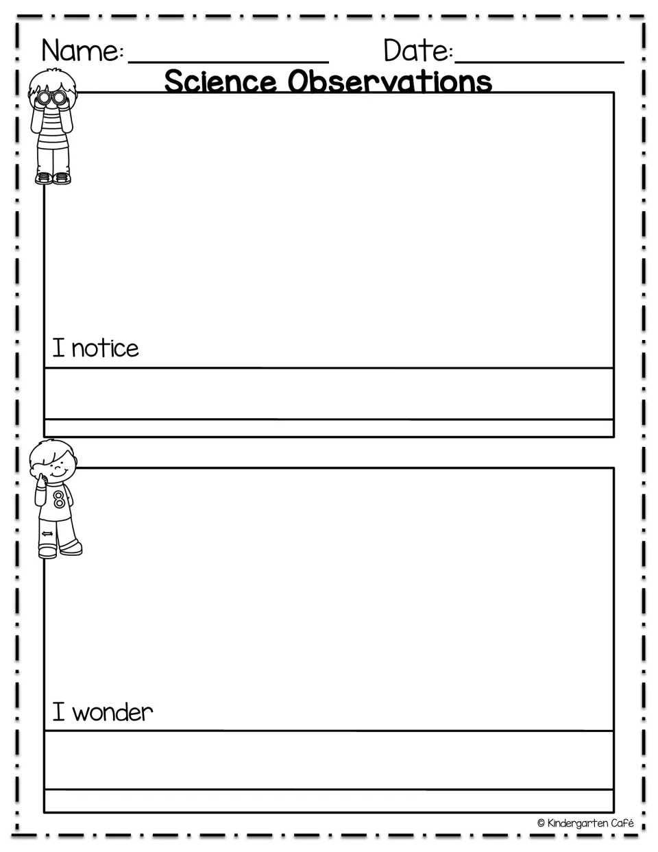Science Observations notice and wonder page: students draw and write what they notice, then what they wonder
