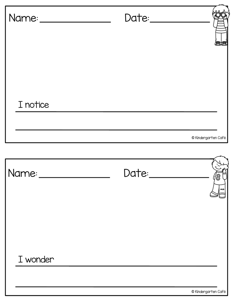 Half-page notice and wonder slips: one I notice card and one I wonder card, each with name, date and writing lines