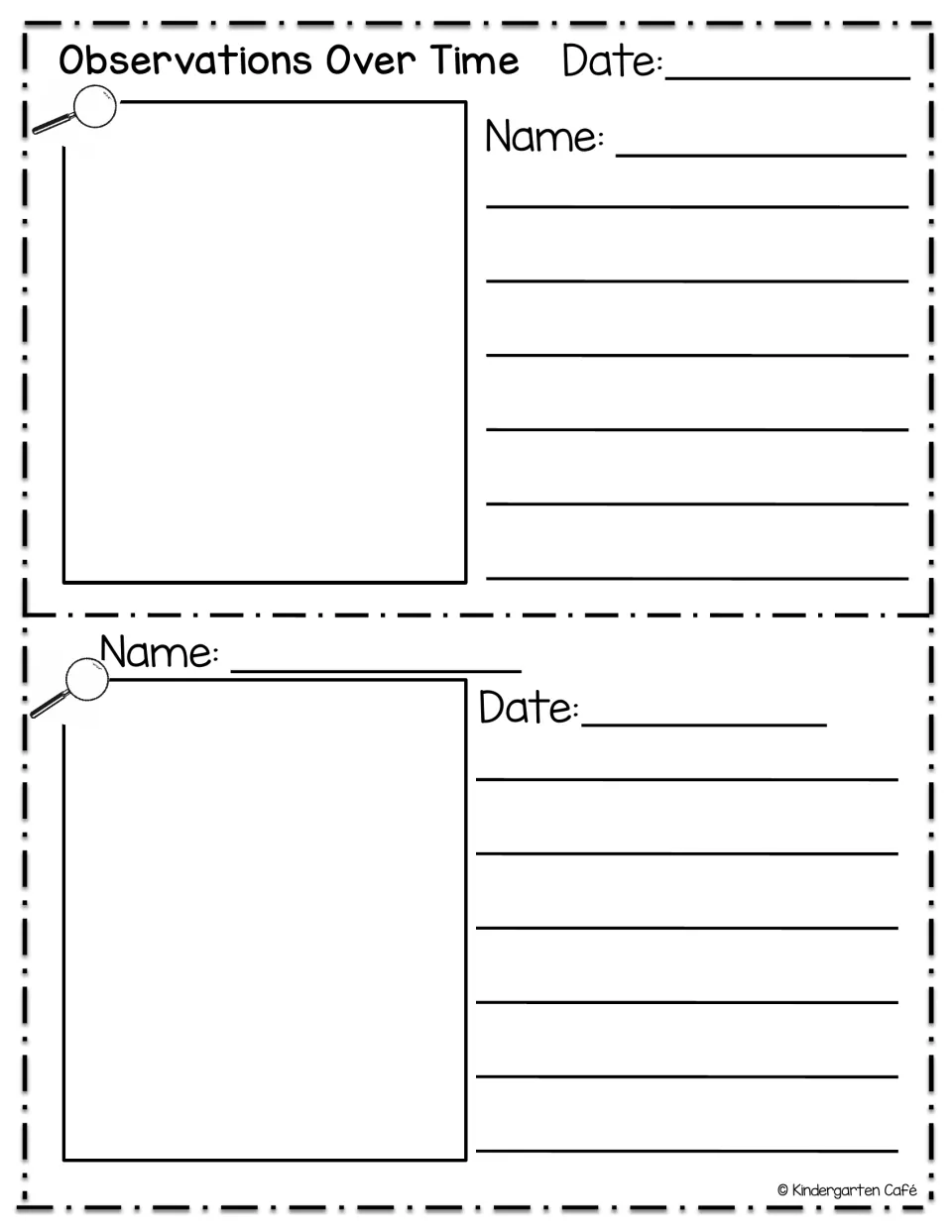 Observations Over Time: two dated entries where students draw a change they see and write about it on the lines