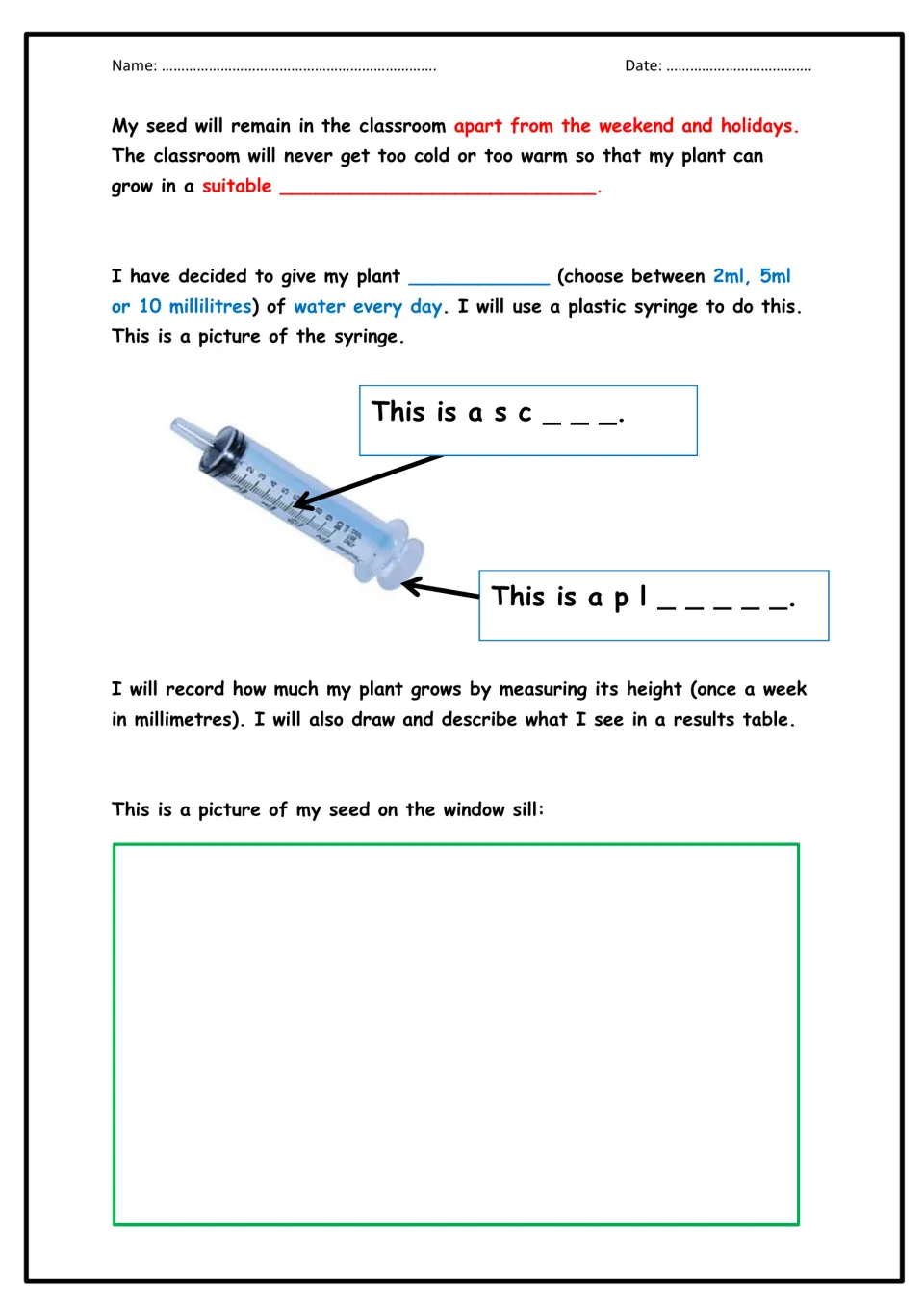 Plant care plan: students choose 2, 5 or 10 ml of daily water, label a syringe's scale and plunger, and draw their seed